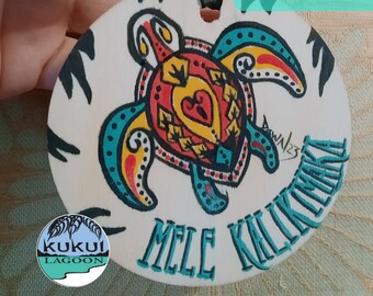 SeaTurtle Mele Kalikimaka Handpainted 4" Wooden Ornament, HONUMK223