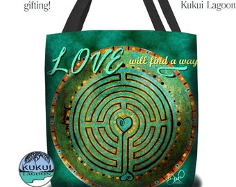 Labyrinth Design Tote Bag with Love Quote, large carryall tote for books, grocery, the beach, or yoga class!