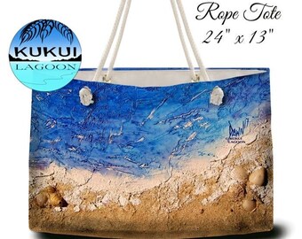 Beach Art Weekender Tote Bag, Oversize Beach Bag, Azure Waves Art