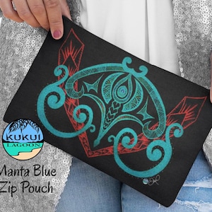 May include: A black zip pouch with a colorful manta ray design. The design features blue, green, and red colors. The pouch has the text "KUKUI LAGOON" and "Manta Blue Zip Pouch" printed on it.