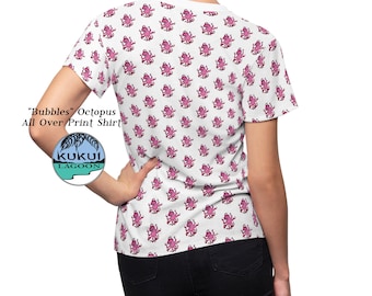 Octopus Shirt, Women's AOP Poly Tee, "Bubbles" Tiny Pink Octo T-Shirt Design by Dawn Ventimiglia