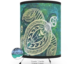 Sea Turtle Tripod Lamp, High-Res Polynesian Style Print Shade