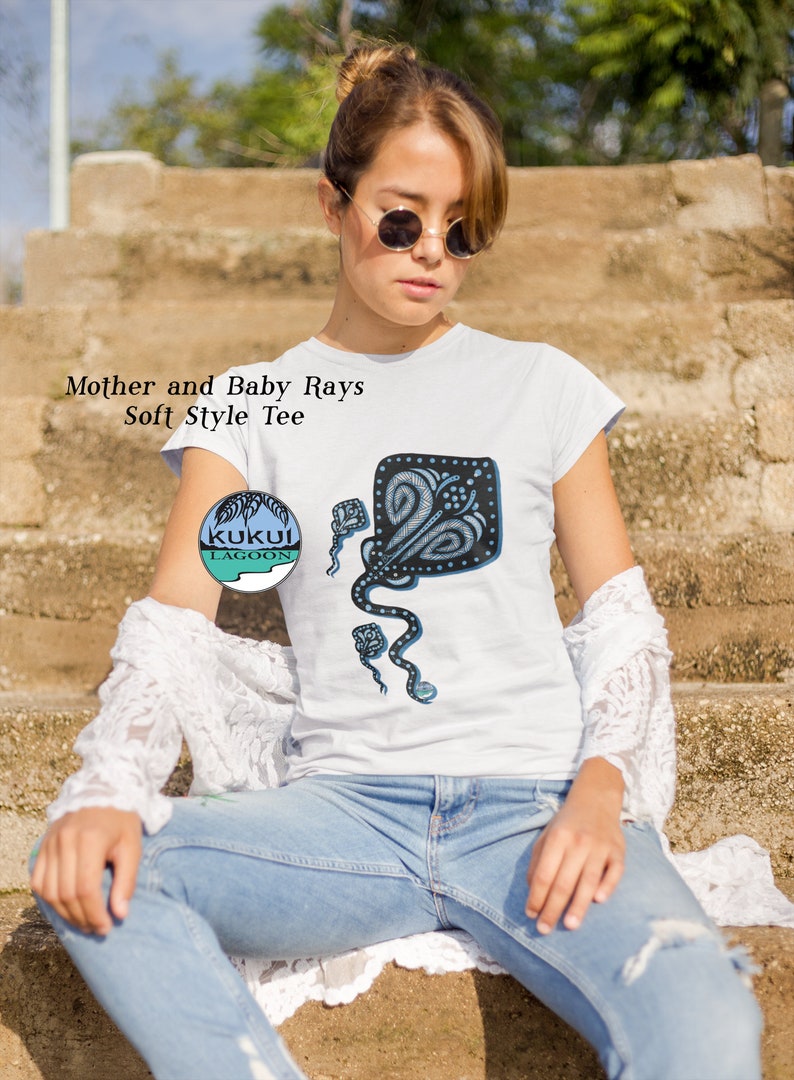 Stingray Softstyle Tee, Women's Mom and Babies Shirt in Black or White, Tropical Sealife Art by Dawn Ventimiglia image 2