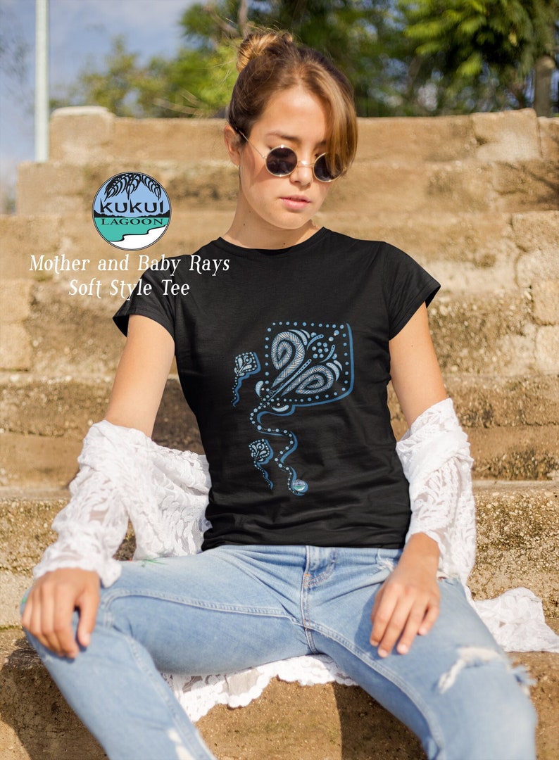 Stingray Softstyle Tee, Women's Mom and Babies Shirt in Black or White, Tropical Sealife Art by Dawn Ventimiglia image 1