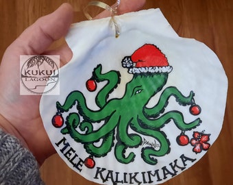 Cute Octopus Santa Ornament, Mele Kalikimaka tentacles Christmas painting on large reclaimed shell. #shoct1