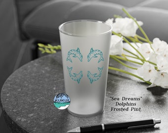 Dolphin Pint Glass, 16oz Frosted Glass, Beachy Barware