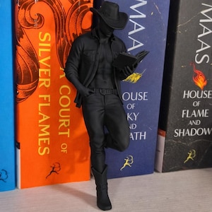 May include: A black cowboy figurine reading a book, positioned against a backdrop of books. The cowboy is dressed in a hat, shirt, jeans, and boots. Book titles include "Silver Flames" and "House of Flame and Shadow".