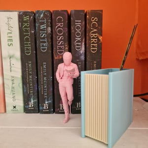 Op de afbeelding: Een lichtblauwe, boekvormige bureau-organizer met een lichtbeige interieur en een roze beeldje van een persoon in een pak. Verschillende boeken met titels als "Twisted Lies" en "Hooked" staan achter de organizer.