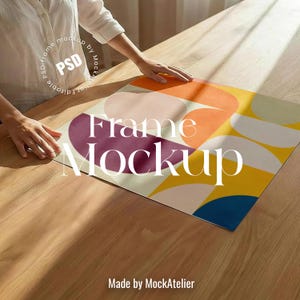 May include: A colorful frame mockup with the text "Frame Mockup" in white. The design features abstract shapes in shades of purple, orange, yellow, and blue. The words "PSD - frame mockup by MockAtelier - editable" are also visible.