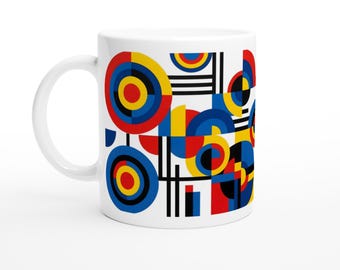 Designer Coffee Cup | Bauhaus Abstract Geometric Mug | Modernist Primary Colors | Minimalist Architect Gift | Mid Century Modern Art