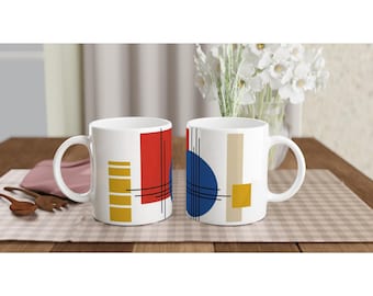 Bauhaus Abstract Geometric Mug, Modernist Art Coffee Cup, Minimalist Primary Colors Ceramic Mug, Designer Home Decor Gift, 11oz