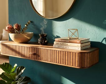 Walnut Fluted Floating Console Table | Mid Century Modern Entryway Furniture