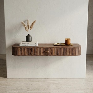 Solid Walnut Fluted Floating Console Table, Narrow Entryway Furniture