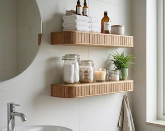 Modern Ribbed Walnut Floating Shelf – Japandi Scandi Wood Shelving Unit