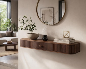 Solider schwebender Konsolentisch aus Nussbaum | Minimalistisches Eingangsregal, moderne Schubladenkommode
