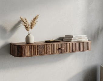 Mid Century Walnut Fluted Floating Console Table | Rustic Entryway Furniture