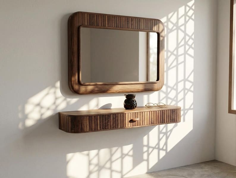 May include: A rectangular wooden mirror with a rounded frame is mounted above a matching floating shelf. The shelf has a single drawer and is adorned with a small vase and eyeglasses. The wood has a warm, natural tone.
