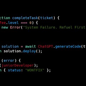 Puede incluir: Una captura de pantalla de c&oacute;digo en un fondo negro. El c&oacute;digo est&aacute; escrito en un esquema de color verde claro, azul y rojo. El c&oacute;digo incluye el texto "async function completeTask(ticket)" y "System Failure. Refuel First."