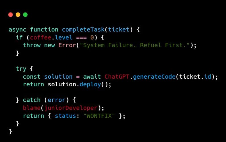 Puede incluir: Una captura de pantalla de c&oacute;digo en un fondo negro. El c&oacute;digo est&aacute; escrito en un esquema de color verde claro, azul y rojo. El c&oacute;digo incluye el texto "async function completeTask(ticket)" y "System Failure. Refuel First."