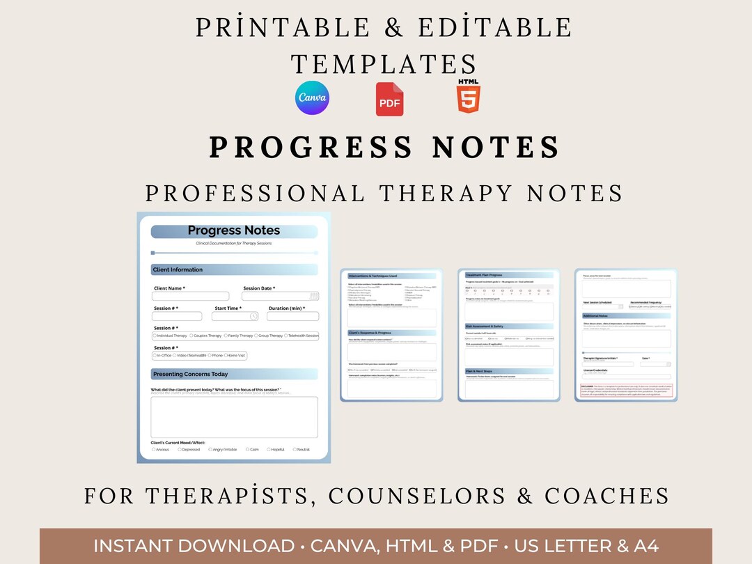 Therapist Progress Notes Template | Editable Session Documentation ...