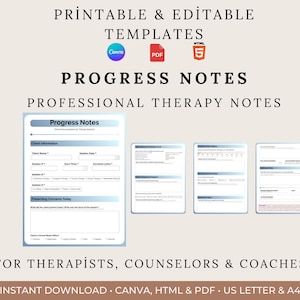 May include: Printable and editable therapy templates for therapists, counselors, and coaches. The image features "Progress Notes" with a blue and white design, along with Canva, PDF, and HTML icons. The text includes "Instant Download" and "US Letter & A4".