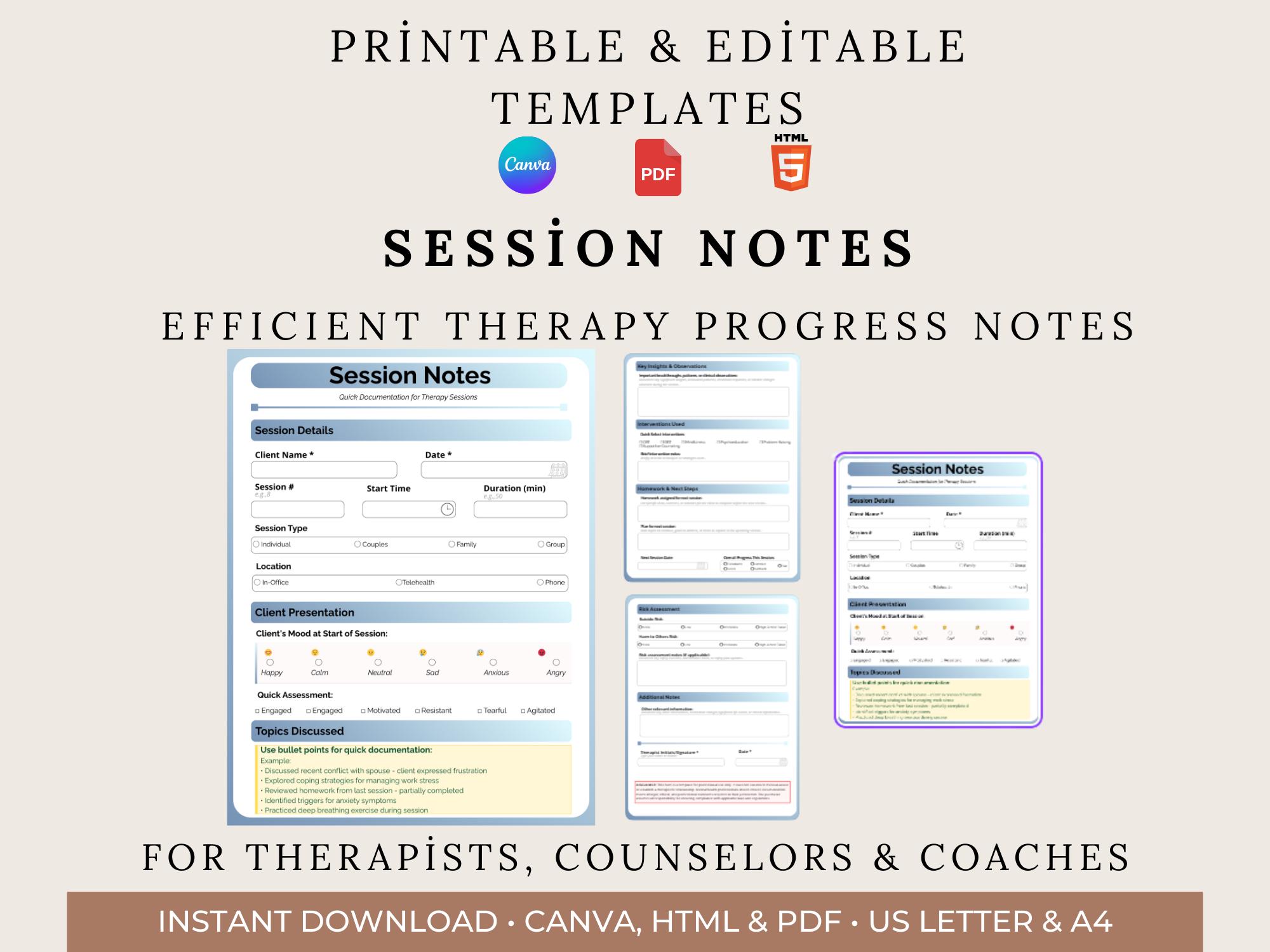 Therapist Session Notes Template | Quick Documentation, Editable in ...