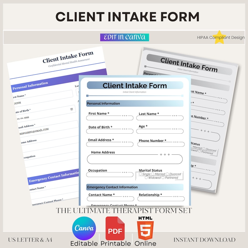Mental Health Client Intake Form, Counselor Template, Editable Canva ...