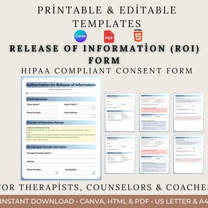 Puede incluir: Plantilla digital para un formulario de autorización de divulgación de información (ROI), compatible con HIPAA, para terapeutas, consejeros y entrenadores. El formulario es imprimible y editable, disponible en formatos Canva, HTML y PDF, y en tamaños US Letter y A4.