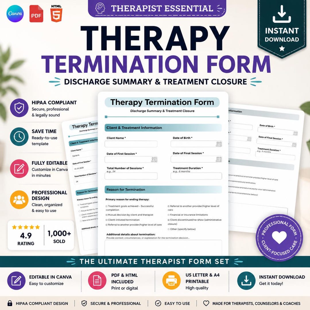 Therapy Termination Forms, Editable Discharge Summary (canva, HTML ...