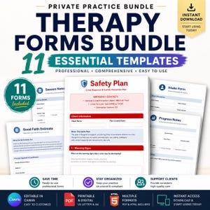 May include: A bundle of 11 therapy forms templates, including a safety plan, intake form, and progress notes. The forms are printable, digital, and editable in Canva. The bundle is designed for professional use and easy to customize.