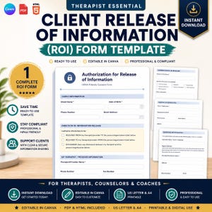 May include: A digital template for a Client Release of Information (ROI) form. The design features a teal and navy blue color scheme with the text "Therapist Essential" and "Instant Download". Includes sections for client and therapist information.