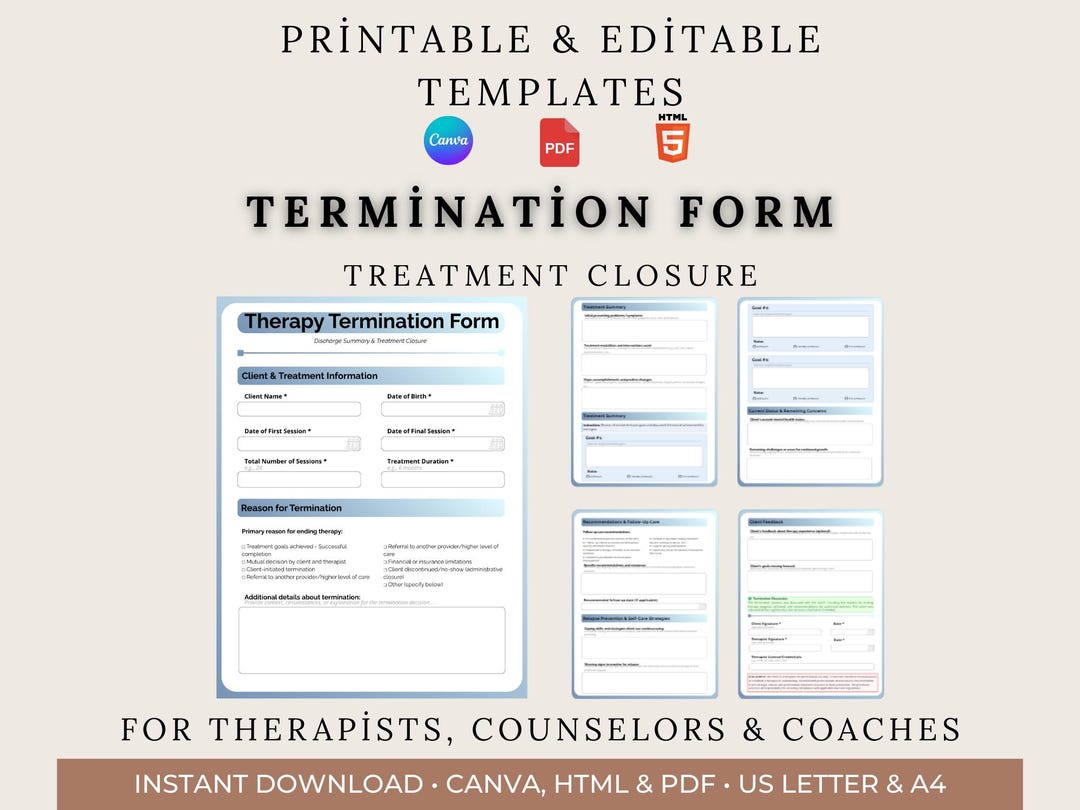 Therapy Termination Form Discharge Summary | Treatment Closure Template ...