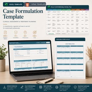 May include: A digital Case Formulation Template for mental health professionals. The template includes 300+ dropdown options, 75+ vulnerabilities, 25+ therapy types, and 150+ goals. It is fully customizable and designed for clinical use.