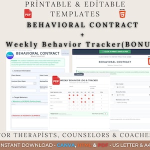 Puede incluir: Plantillas imprimibles y editables para contratos de comportamiento y seguimiento semanal del comportamiento. Incluye formatos PDF y HTML. Diseñado para terapeutas, consejeros y entrenadores. Descarga instantánea.