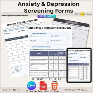 May include: A digital download set of editable anxiety and depression screening forms. The forms include a clinical symptom tracker, patient information, and an anxiety assessment (GAD-7). The forms are available in US Letter and A4 sizes, and are HIPAA compliant.