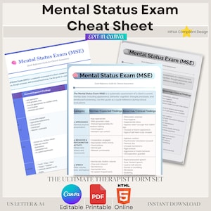 May include: A set of printable Mental Status Exam (MSE) cheat sheets. The documents detail normal and abnormal findings, covering appearance, behaviour, speech, and other areas. The text includes "Mental Status Exam" and "The Ultimate Therapist Form Set".