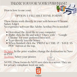 May include: A beige and white graphic with instructions for using fillable HTML forms. The text includes steps for downloading, opening, and printing the forms. A printer and office supplies are in the top right corner. The HTML5 logo is at the bottom.