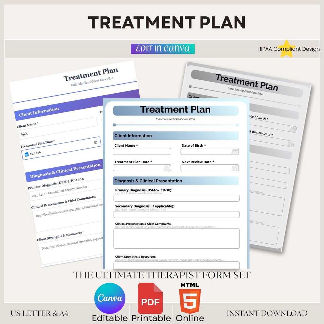 Editable Therapist Treatment Plan Template, Therapy Goals, Notes (canva ...