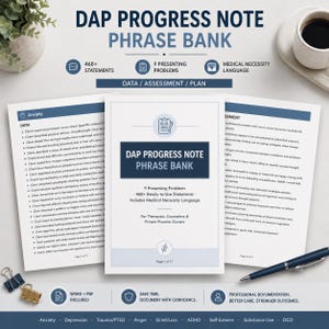 May include: A DAP Progress Note Phrase Bank document set featuring 468+ statements and 9 presenting problems. The white pages with dark blue headers include text for therapists, counselors, and private practice owners, displayed with a pen.