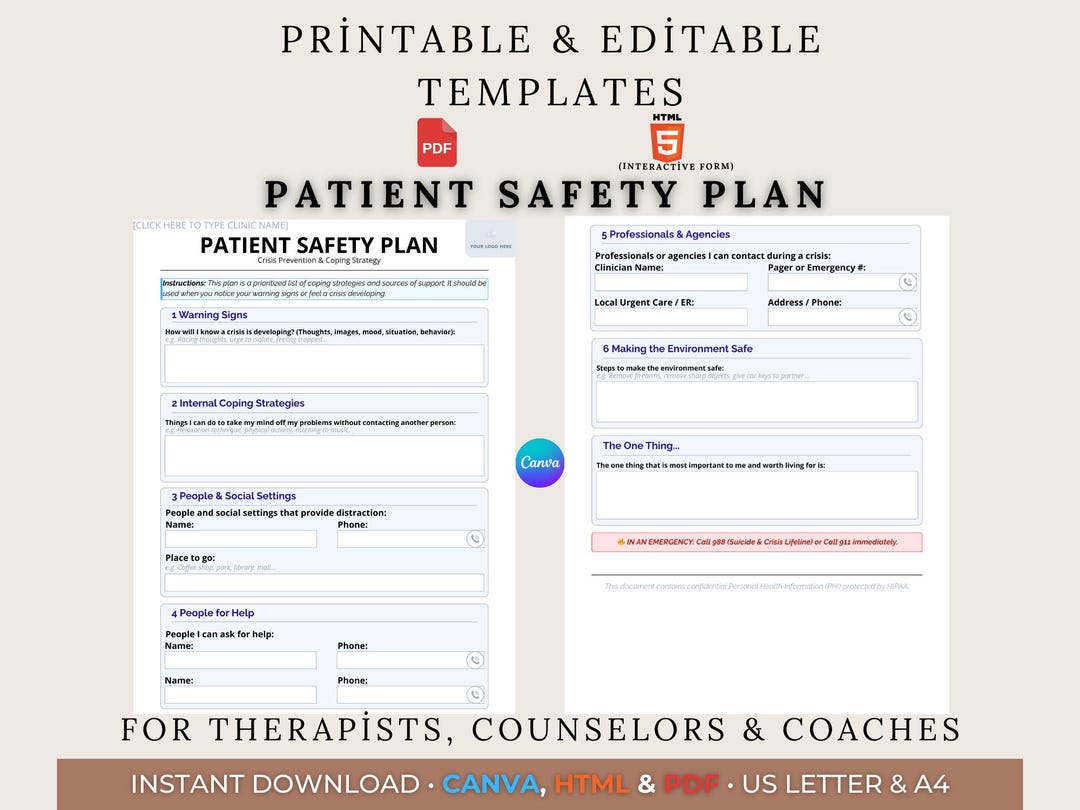 Patient Safety Plan Template | Suicide Prevention Form | Crisis ...