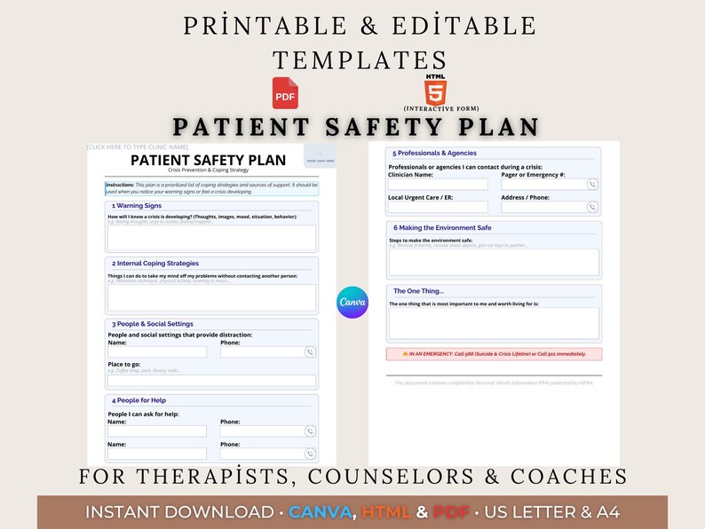 Patient Safety Plan Template Suicide Prevention Form Crisis