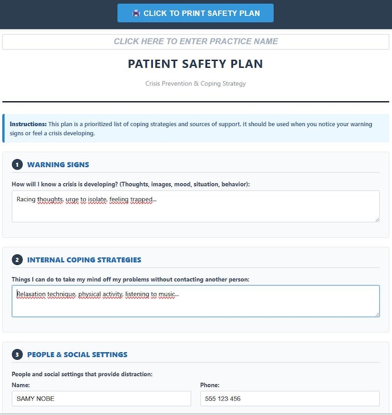 Patient Safety Plan Template Suicide Prevention Form Crisis