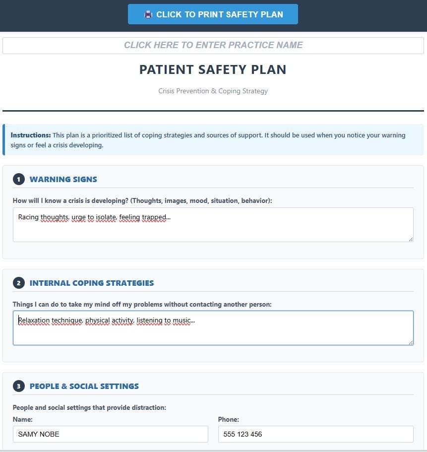 Patient Safety Plan Template | Suicide Prevention Form | Crisis ...