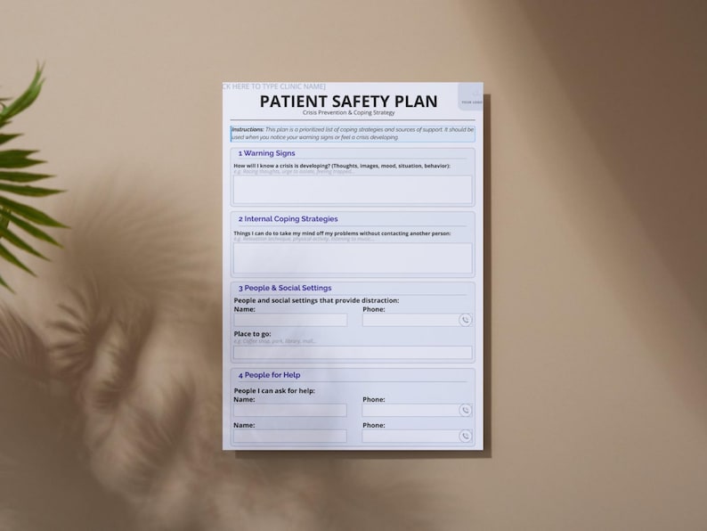 Patient Safety Plan Template | Suicide Prevention Form | Crisis ...