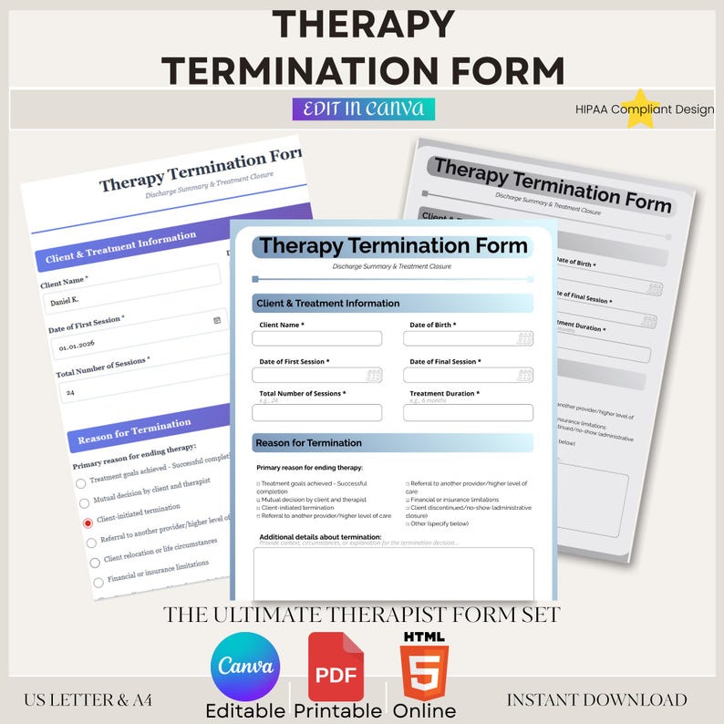 Therapy Termination Forms, Editable Discharge Summary (canva, HTML ...