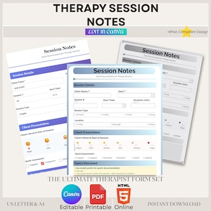 Puede incluir: Un conjunto de plantillas editables de notas de sesión de terapia. Los formularios incluyen secciones para detalles del cliente, tipo de sesión, evaluación del estado de ánimo y temas discutidos. Diseño compatible con HIPAA.