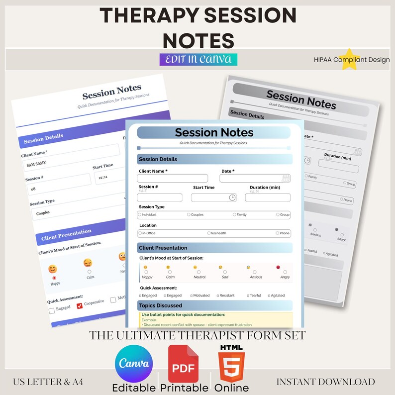 Therapy Session Notes Canva Template, Therapist & Psychologist Forms, Progress Notes for therapist, Psychotherapist Session Note Notepad