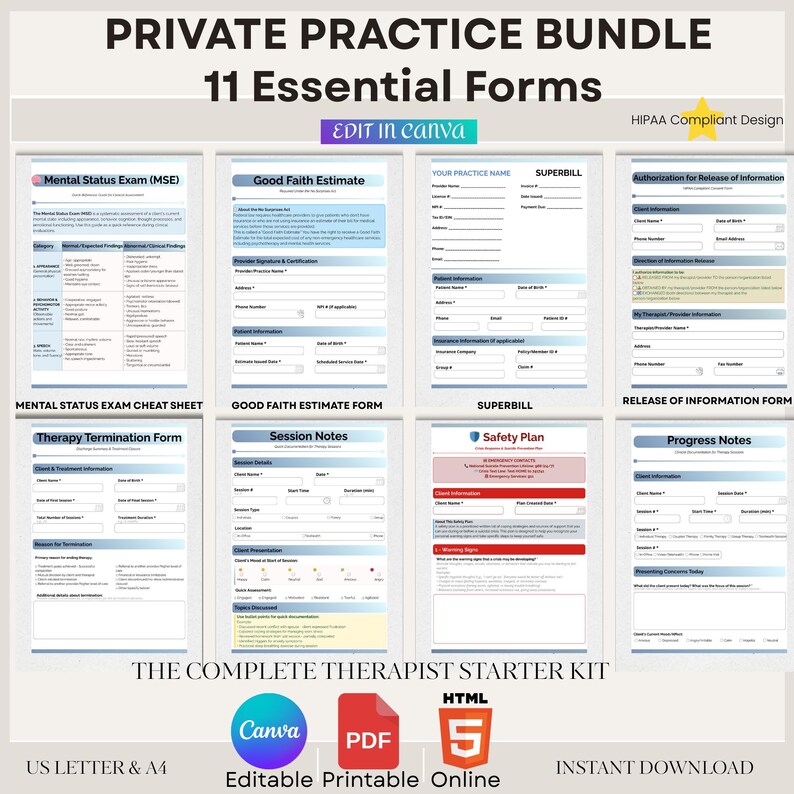 Therapist Forms Bundle | Private Practice Starter Kit (canva, PDF, HTML ...