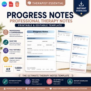 May include: A digital template for professional therapy notes. The design includes a main page with client information fields and a section for presenting concerns. Additional pages offer space for progress notes and treatment plans. The template is printable and editable.