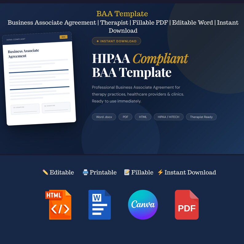 HIPAA Business Associate Agreement Template, Therapist BAA (fillable ...